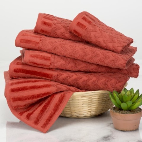 Hastings Home 6-Piece Cotton Deluxe Plush Bath Towel Set, Chevron Pattern Spa Luxury Decorative Towels (Brick) 730426HCW